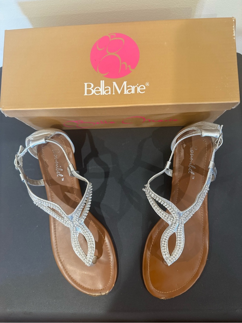 Bella Marie Silver Rhinestone T-Strap Sandals with Brown Footbed